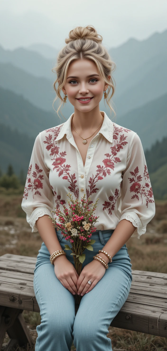 Smiling blonde woman on bench in misty mountain landscape