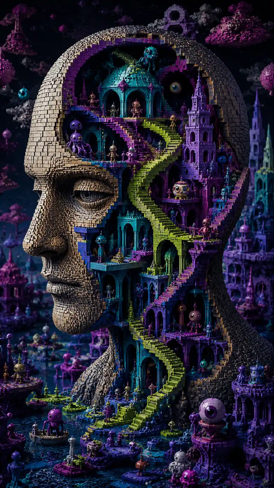 Cabeça humana de tijolos surreal se abrindo para um mundo labiríntico