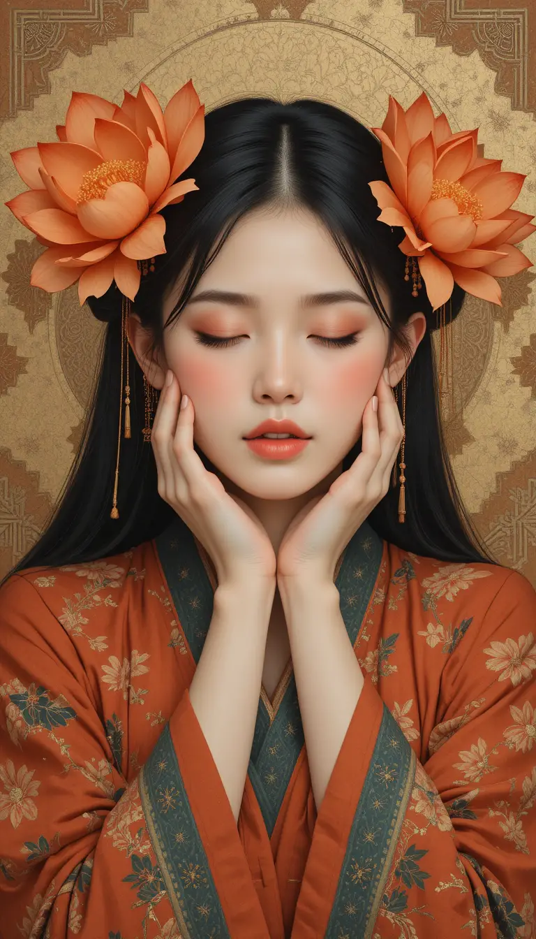 被風格化橙色蓮花環繞的寧靜女子