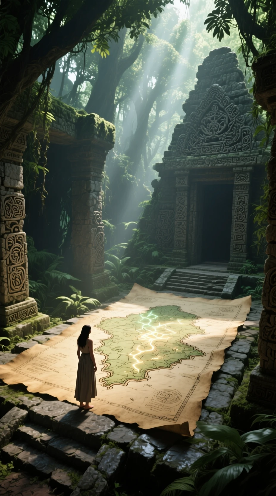 Woman studying a glowing ancient map in jungle temple