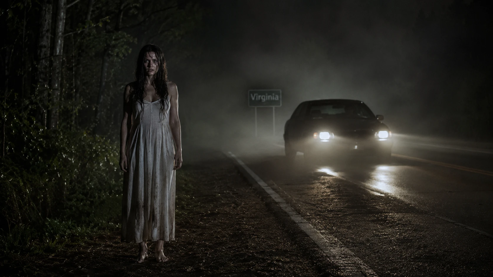 Jovem de vestido branco em rodovia com neblina à noite