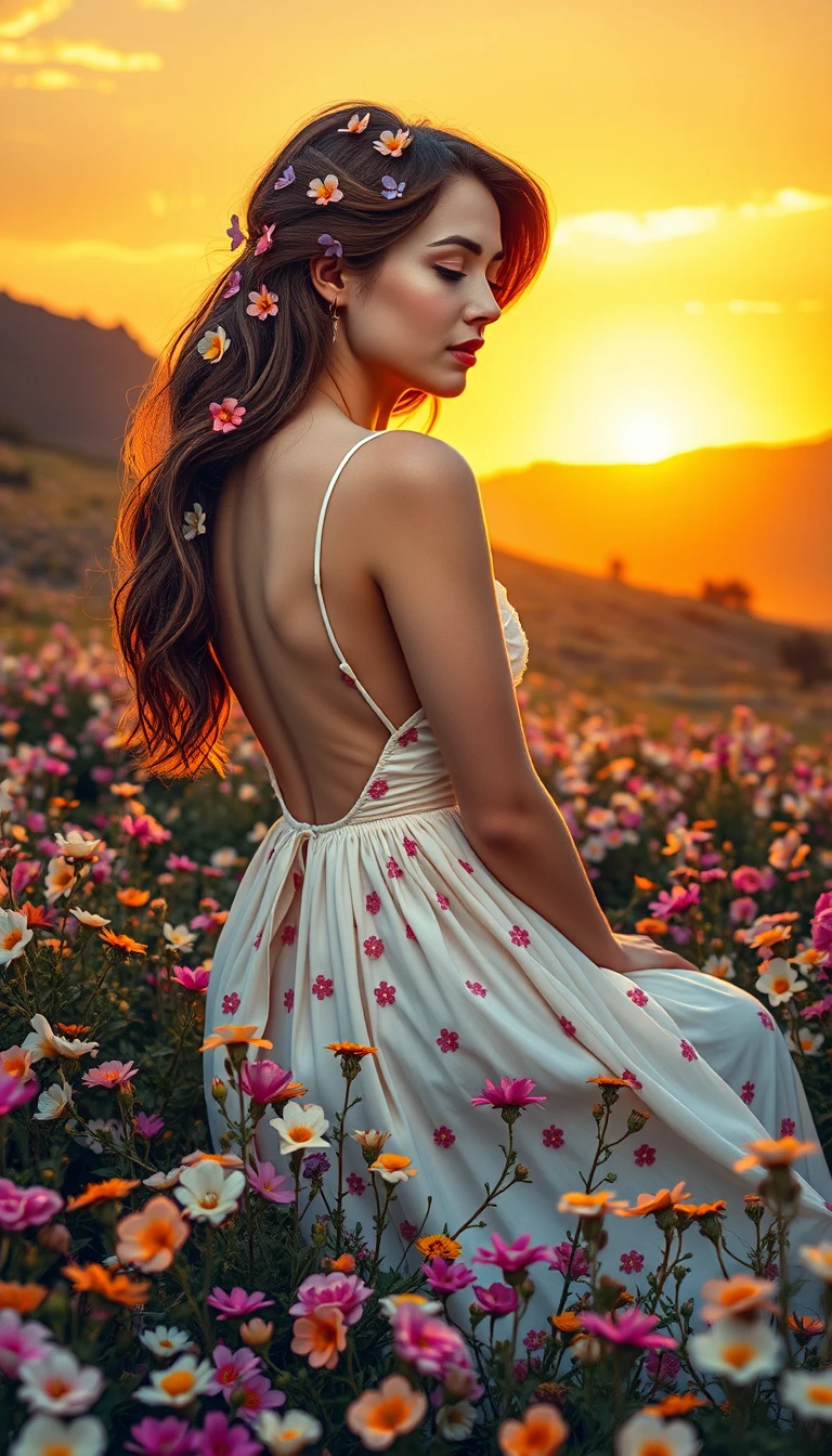 Jovem ajoelhada em um campo de flores silvestres ao pôr do sol