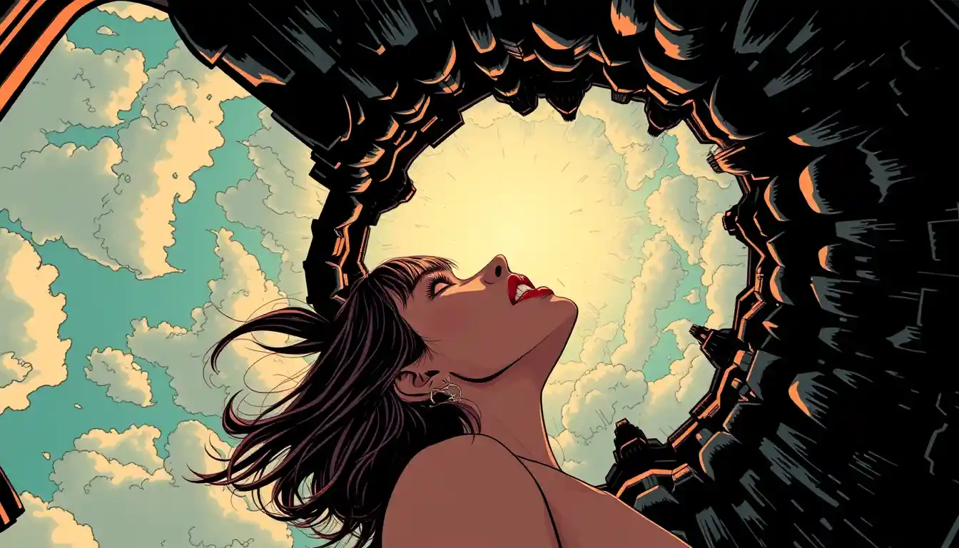 Mulher surreal em um universo sombrio de quadrinhos pop macabros
