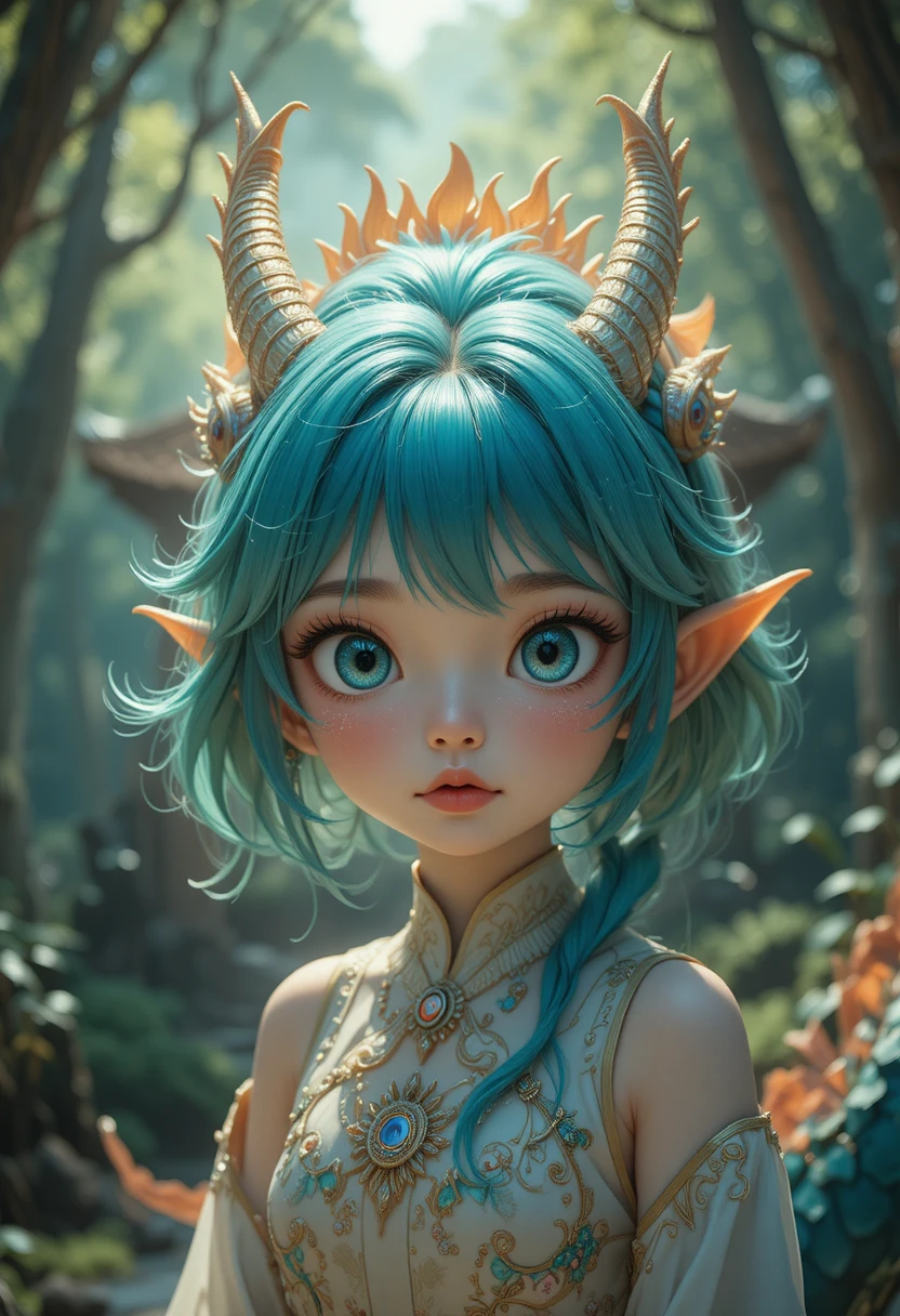 Chica anime chibi de cabello dorado frente a un dragón que hace una reverencia