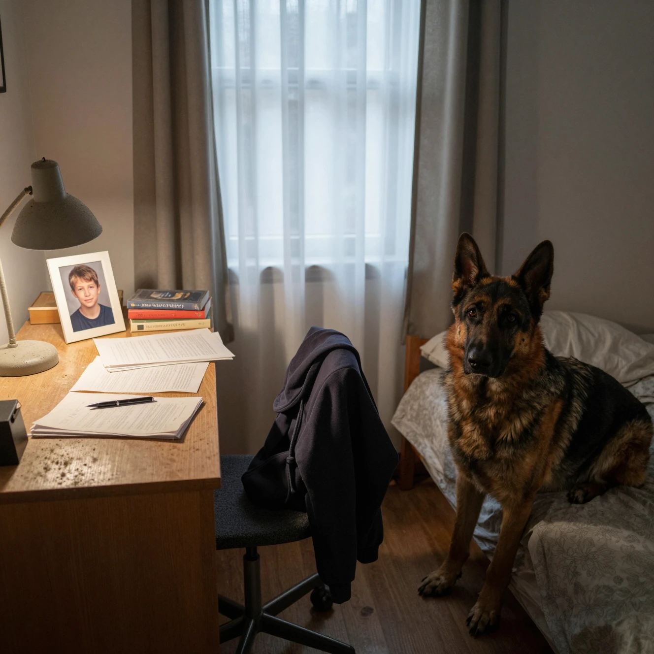 Berger allemand sur un lit dans une chambre poussiéreuse et sombre