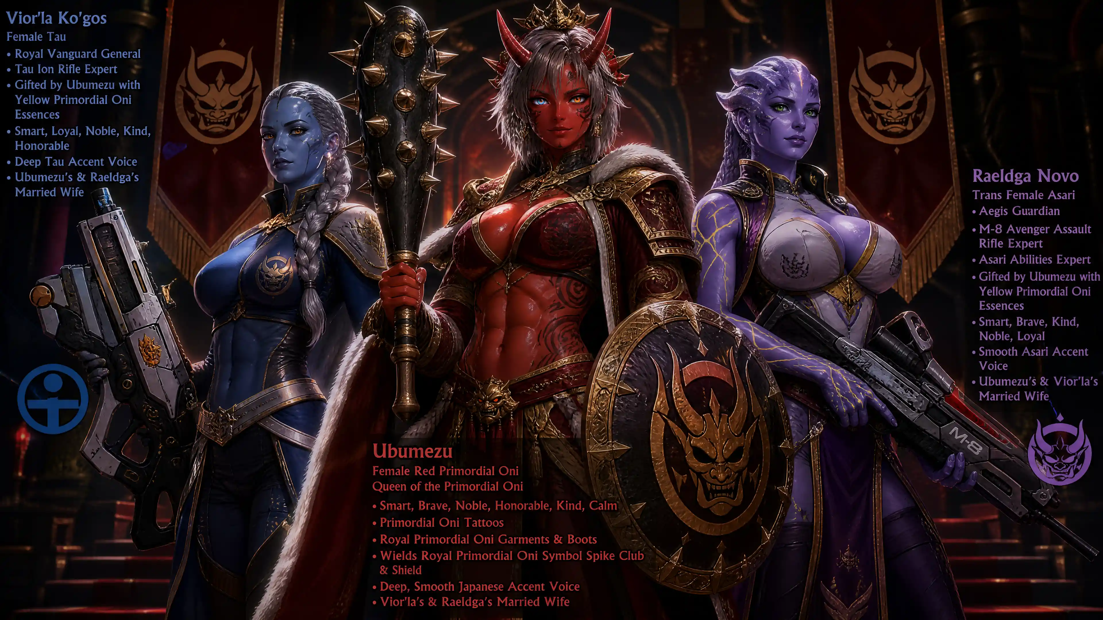 Primordial oni queen with horns and royal warrior attire