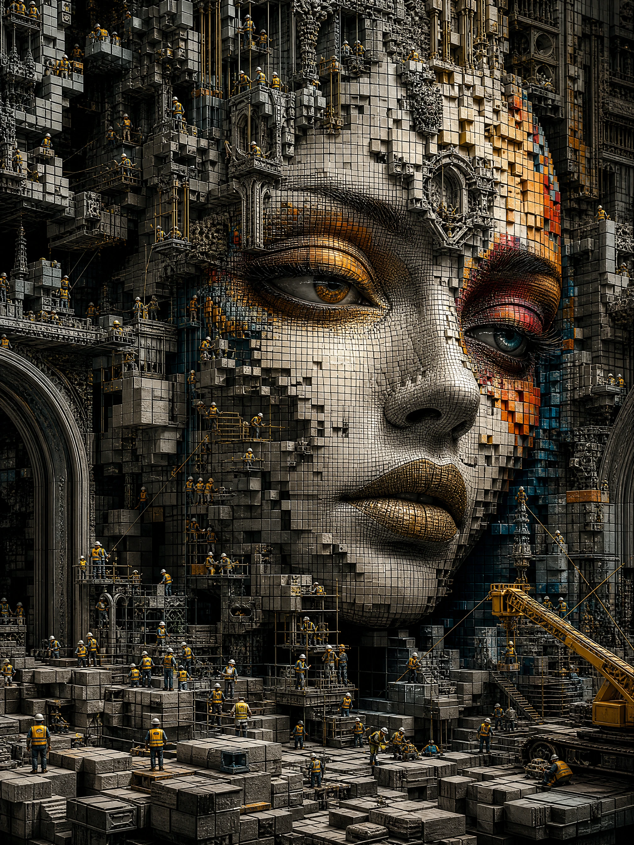 Rosto feminino surreal formado por minúsculos cubos coloridos