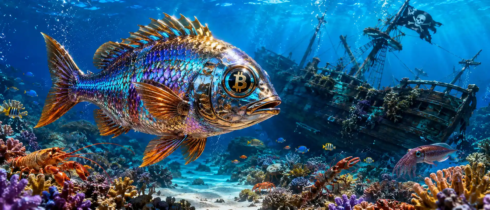 Pez metálico colorido con ojo de bitcoin sobre un arrecife de coral