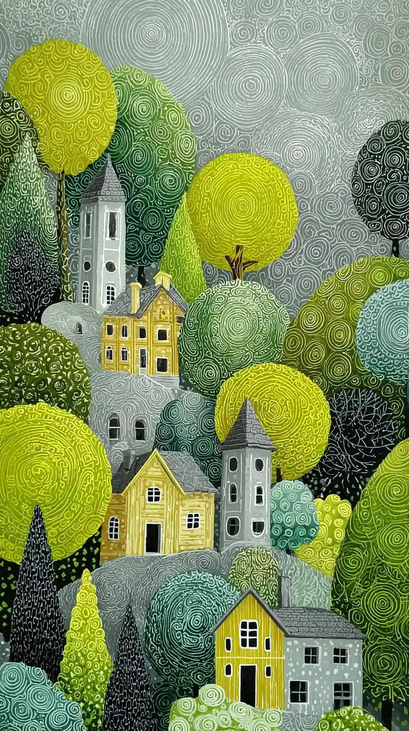 Village d’art folklorique fantaisiste avec arbres verts stylisés