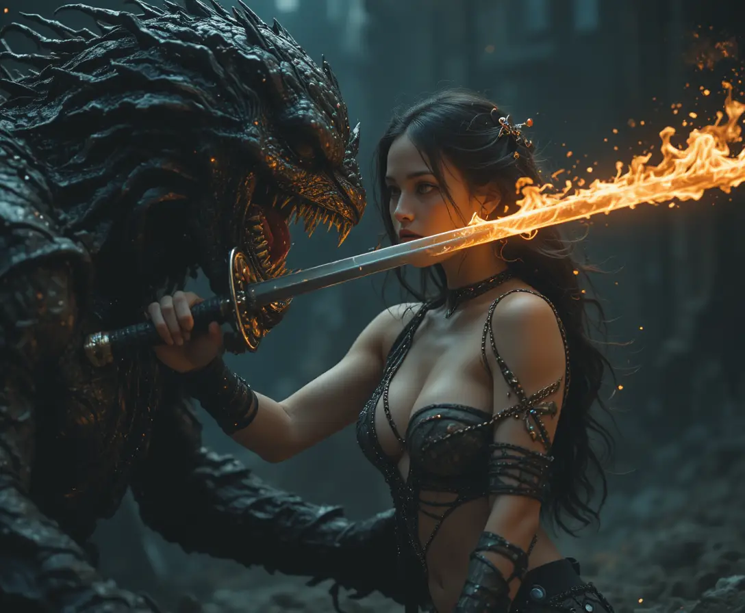 Brunette warrior strikes flaming sword at monster face