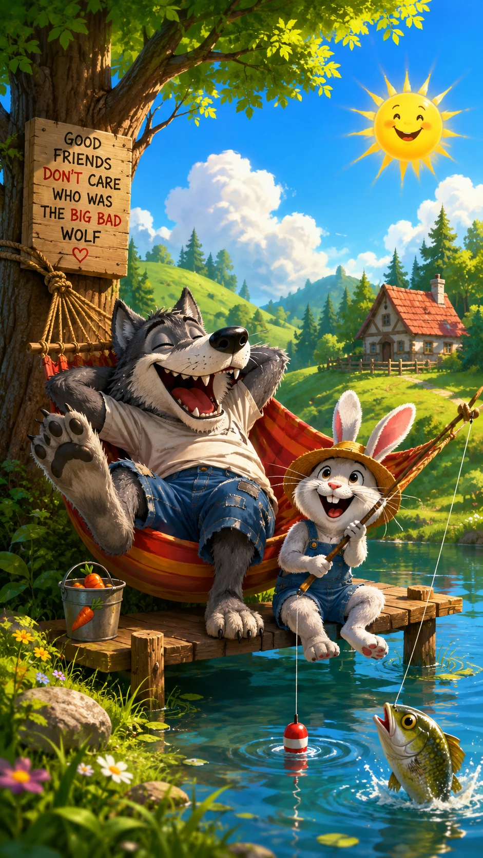 Coelho alegre e lobo amigos sob um sol vibrante