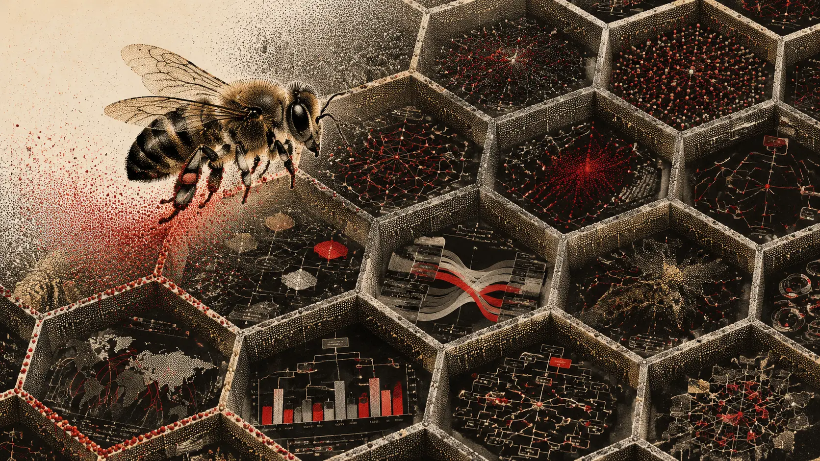 Honeybee Hovering Over Abstract Data Filled Honeycomb Structure