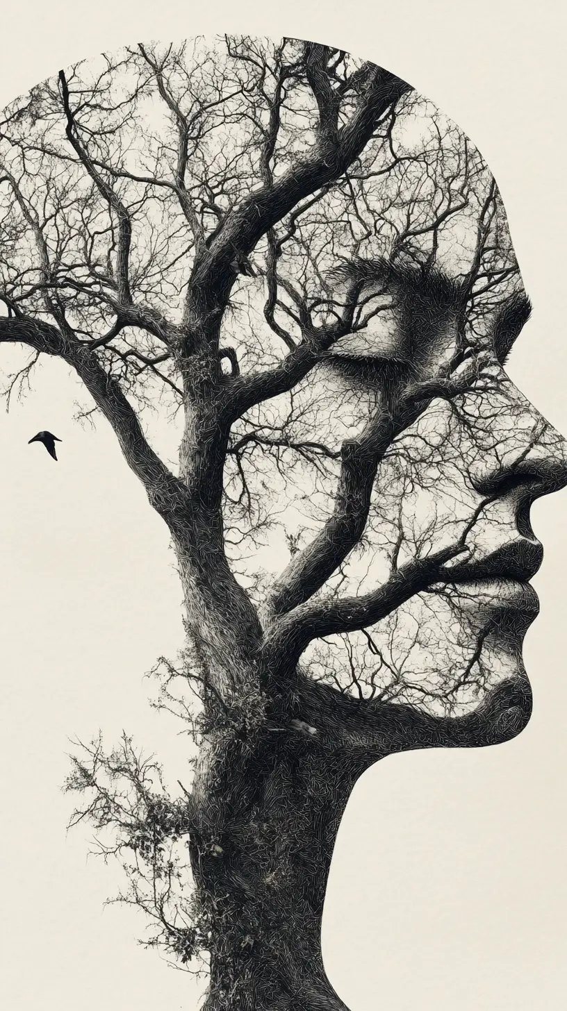 Surreal Human Silhouette Built From Branching Trees And Birds