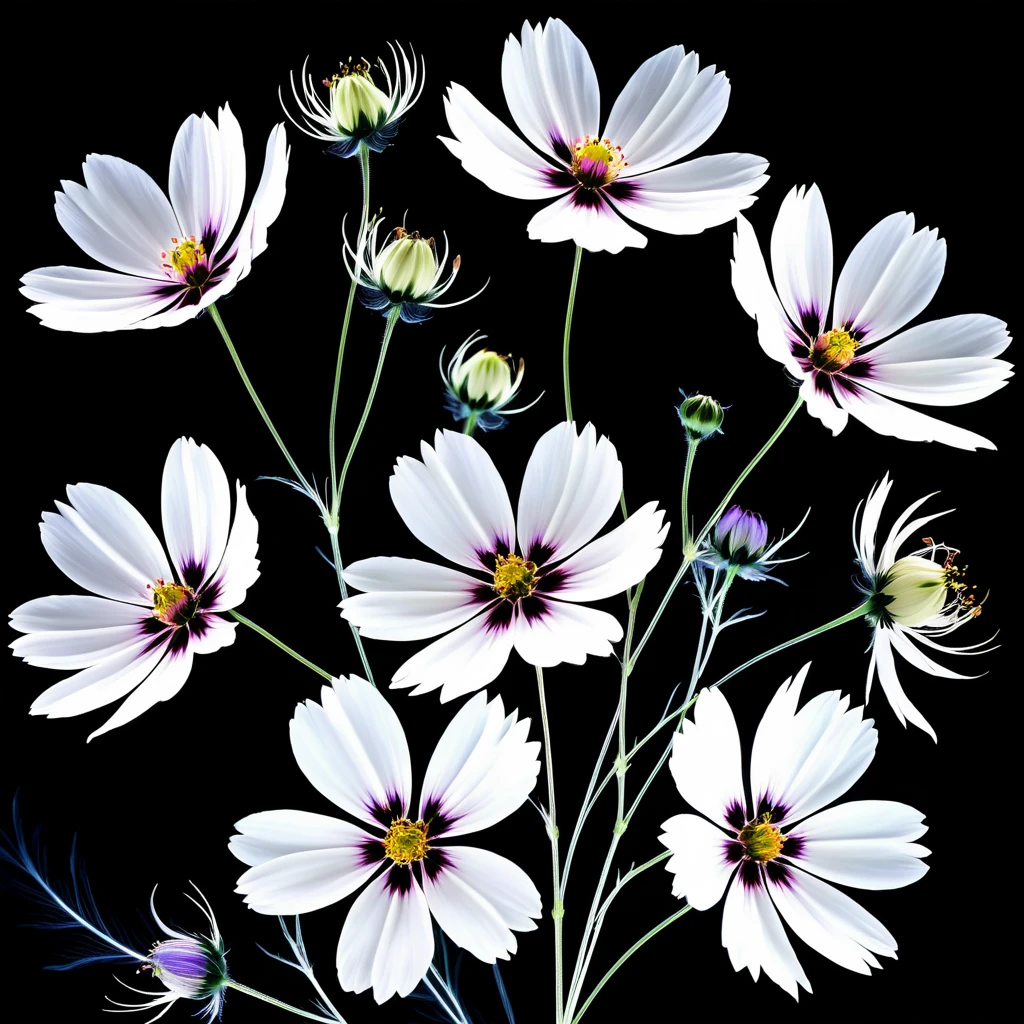 Buquê de flores cosmos em raio‑X sobre fundo preto profundo