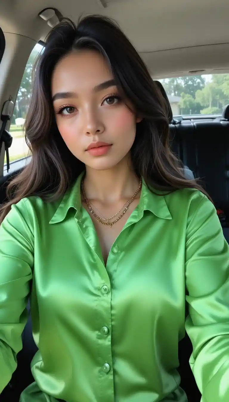 Selfie vibrante de garota no carro com camisa verde