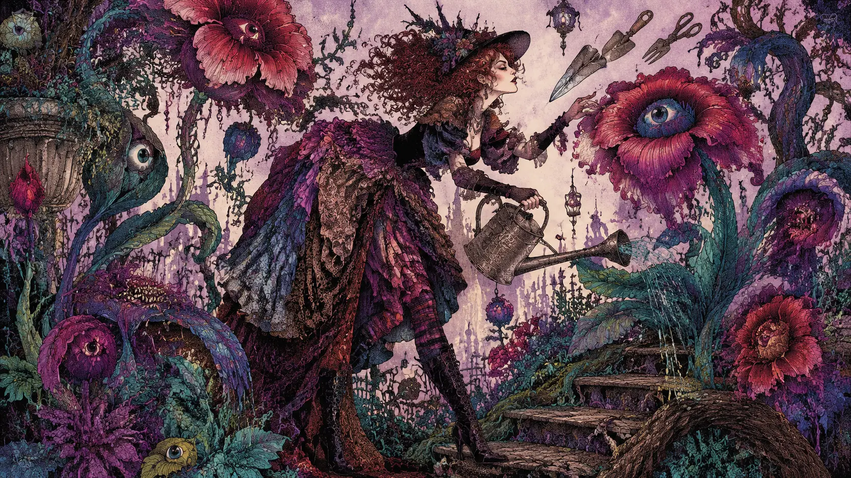 Flamboyant Witch In A Surreal Living Magical Garden