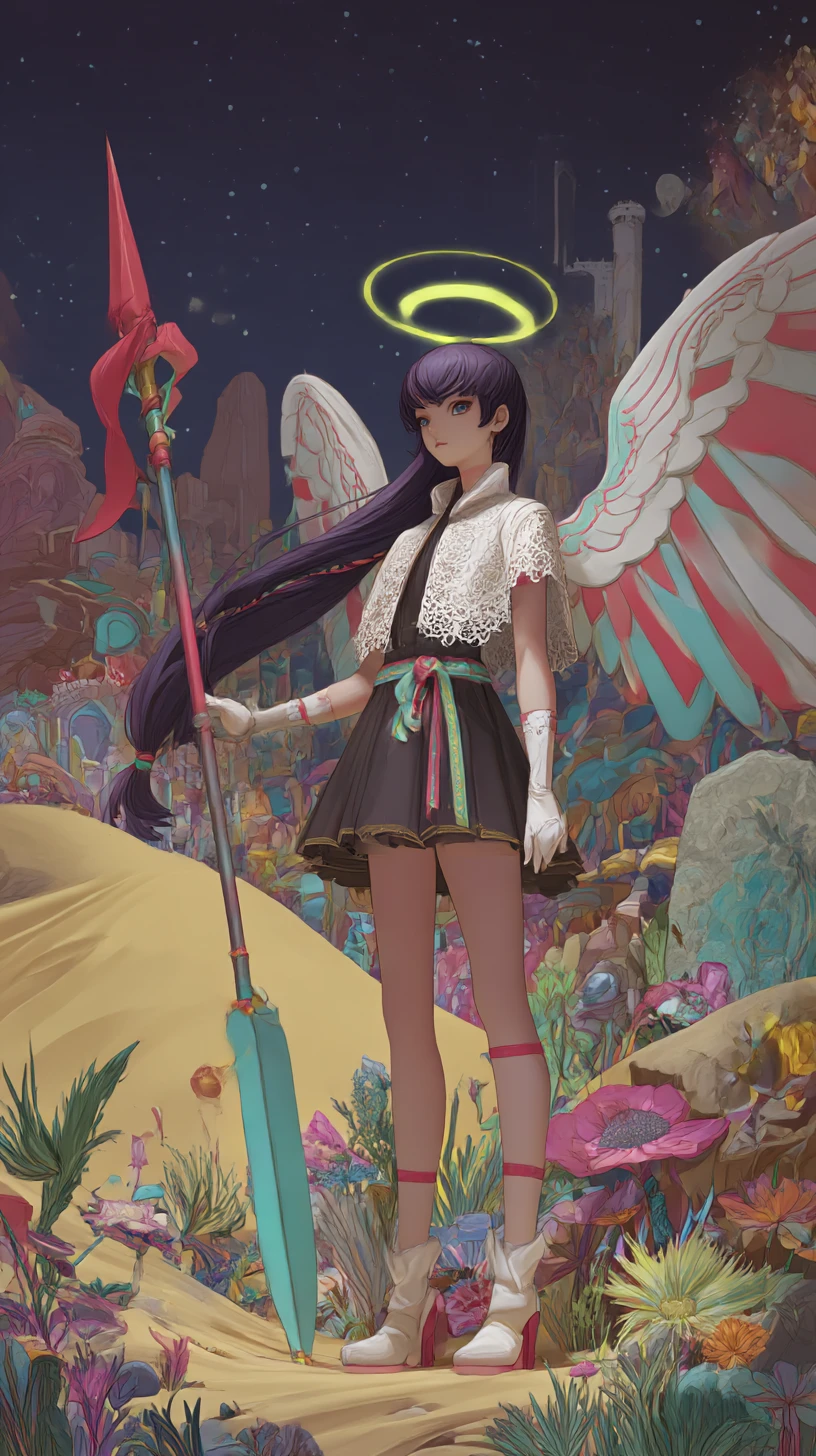 Angel winged girl guarding a glowing desert castle