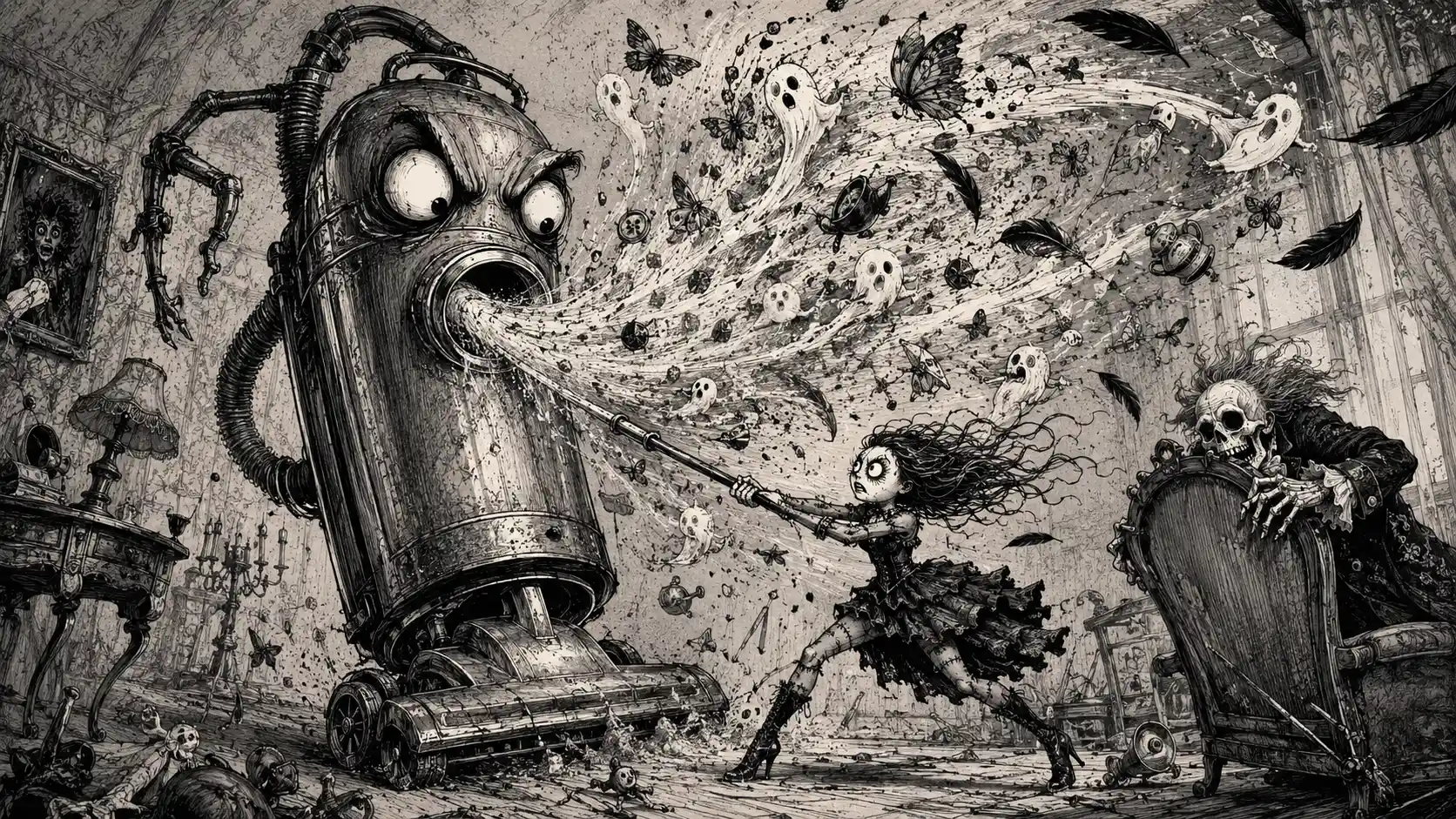 Tiny woman battling a monstrous vacuum in gothic chaos