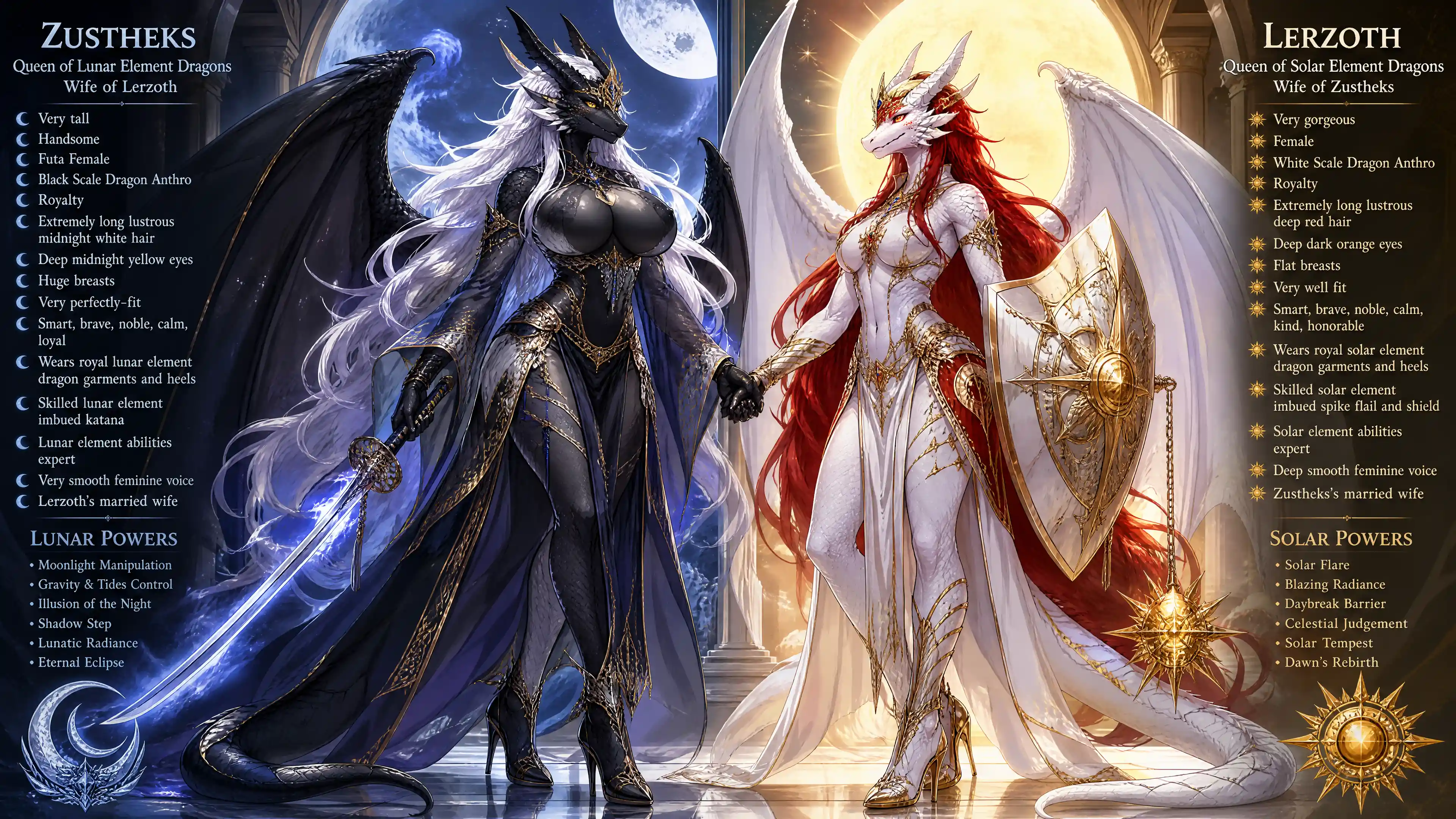 Winged lunar dragon queen with katana in royal attire