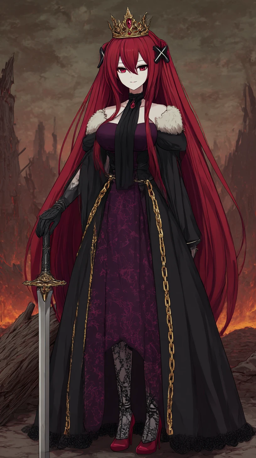 Garota de anime de cabelos carmesim em traje régio e sombrio