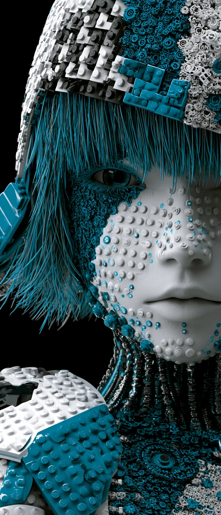 Gros plan d’une femme cyborg d’anime au visage de briques mécaniques