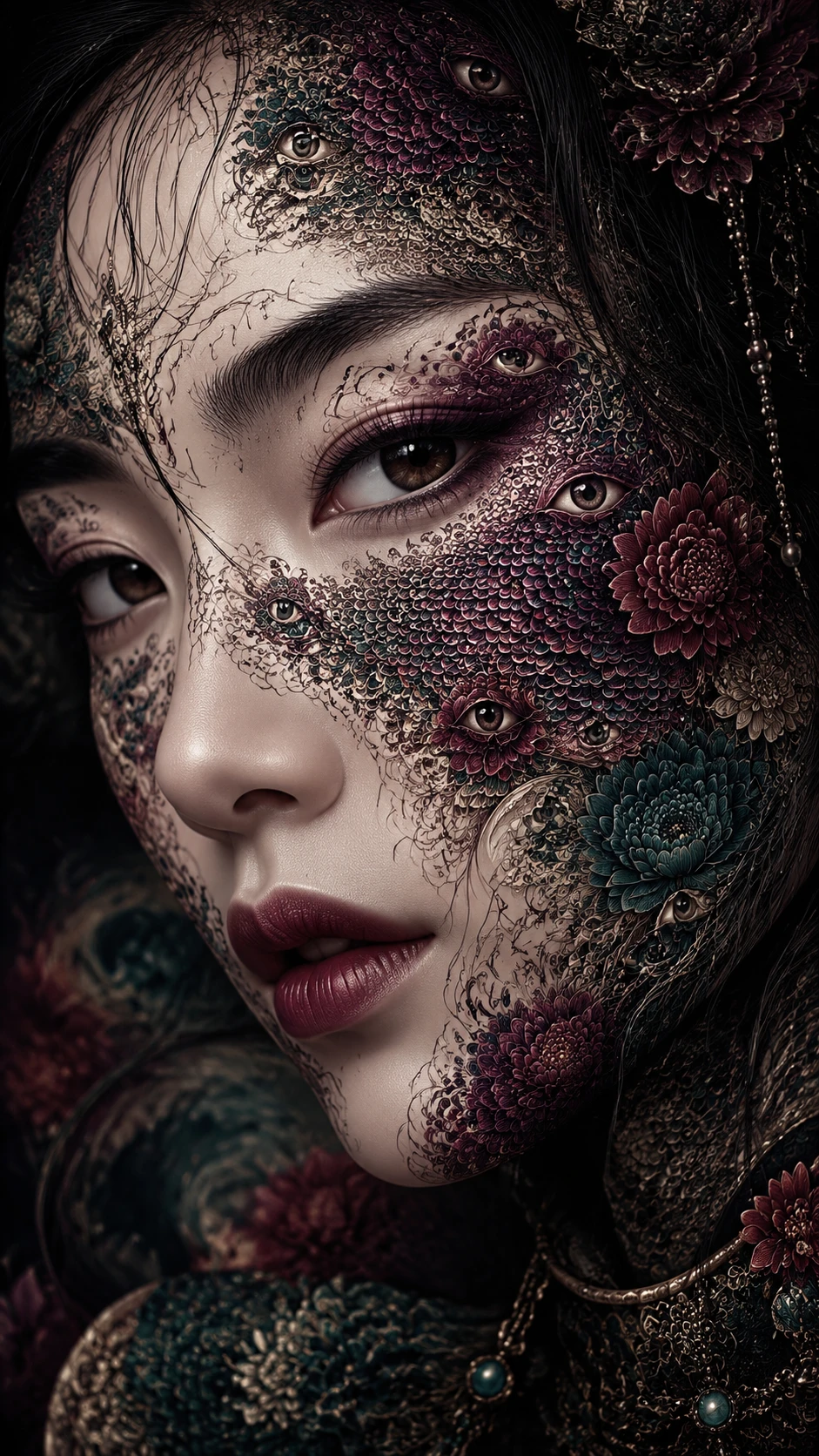 Retrato surreal em close com olhos ornamentais e flores