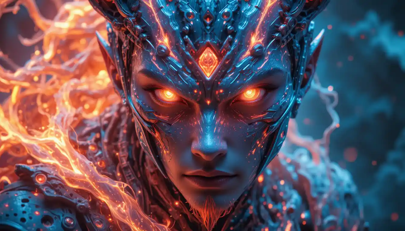 Hybrid hero close up with glowing cybernetic energy