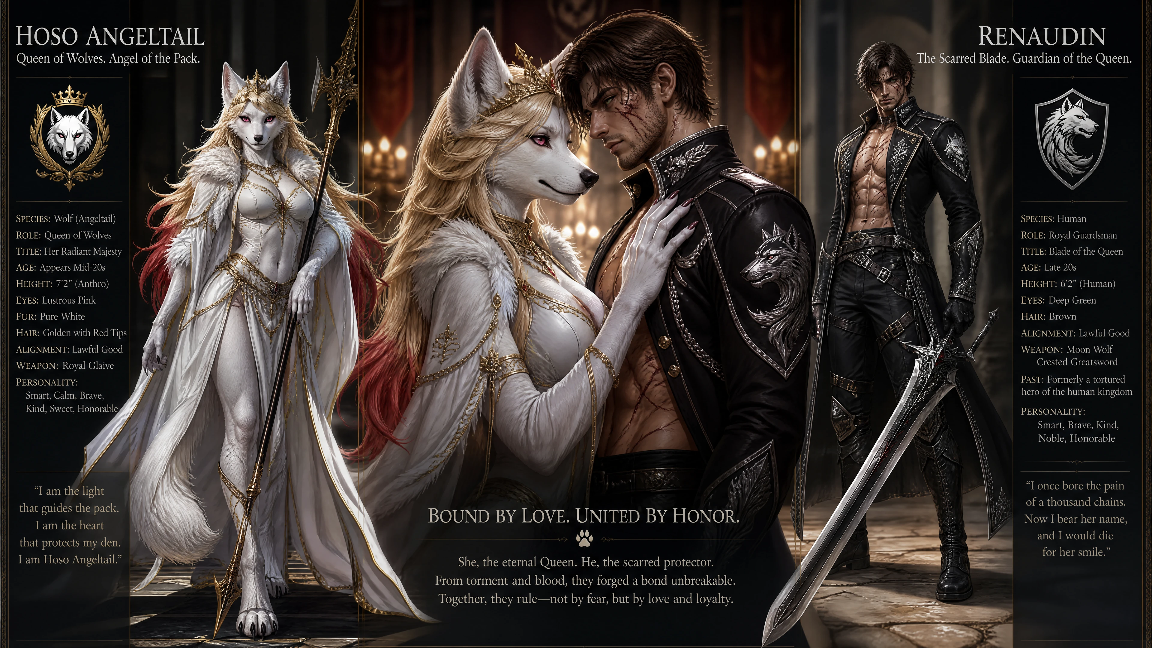 Rainha lobo branca régia com longos cabelos dourado-avermelhados esvoaçantes