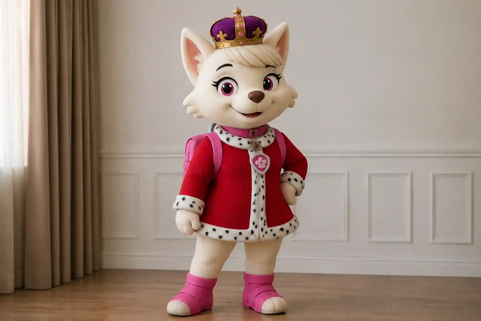 Mascote de cachorro princesa em um enquadramento widescreen de corpo inteiro