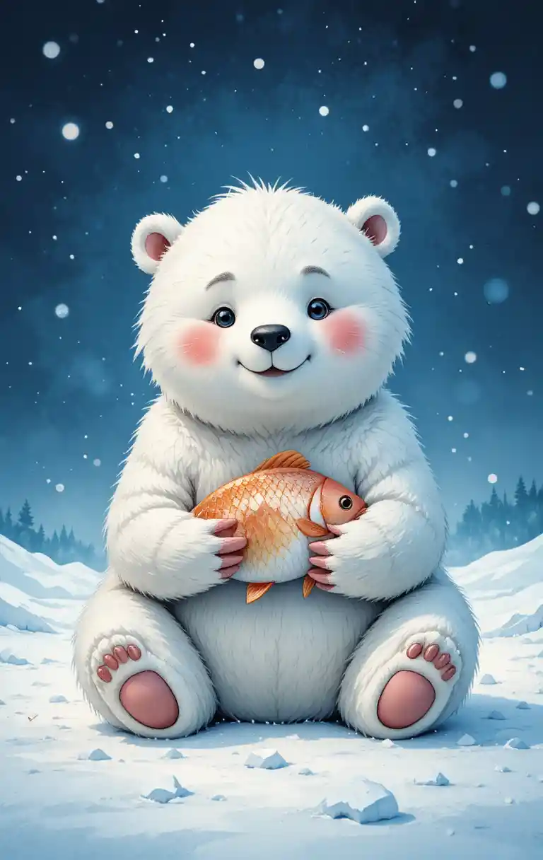 Cute polar bear holding a fish in snowy winter scene