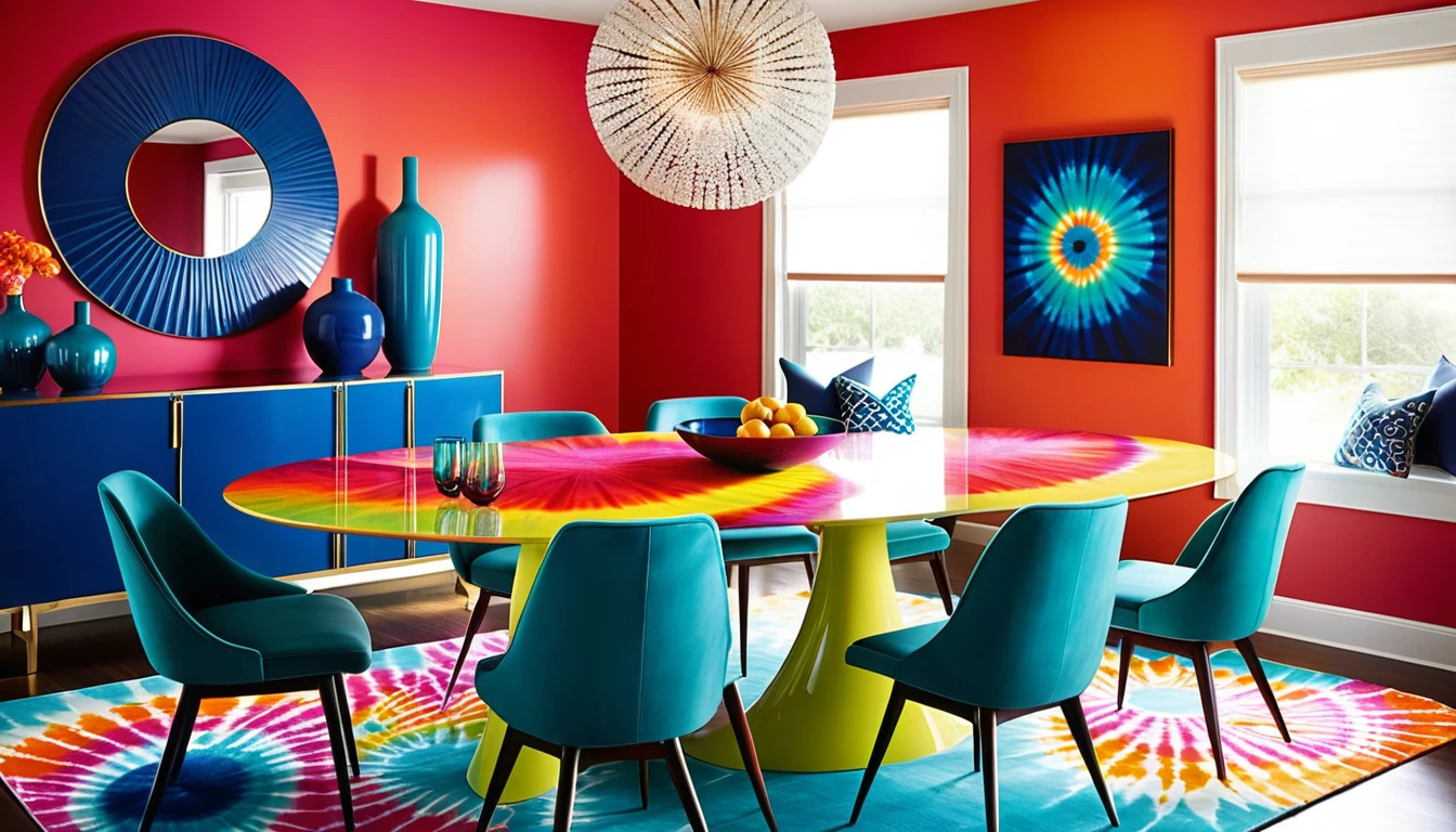 Colorful psychedelic dining room with bold retro decor