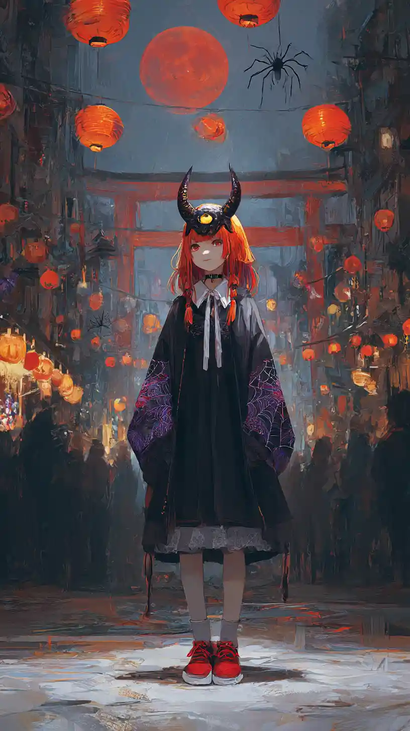Rua de carnaval fantástica com garota de anime mascarada ao anoitecer