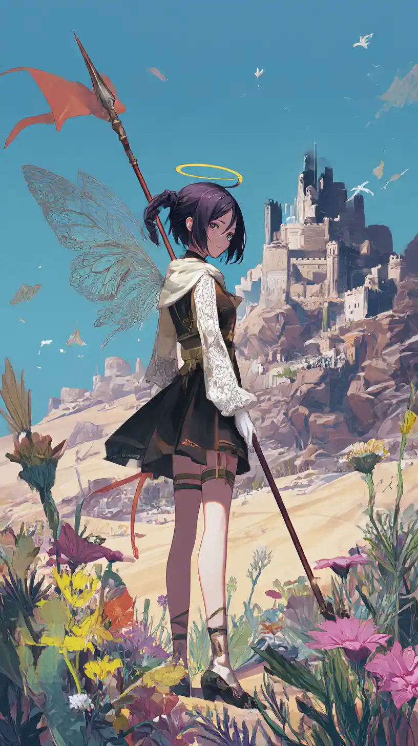Jeune fille ange ailée avec lance dans le désert devant un château magique