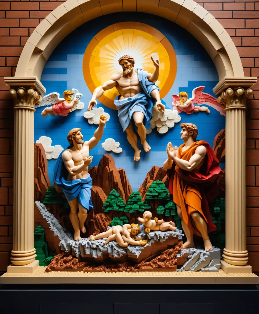 Recriação em Lego da cena icônica da criação com mãos divinas