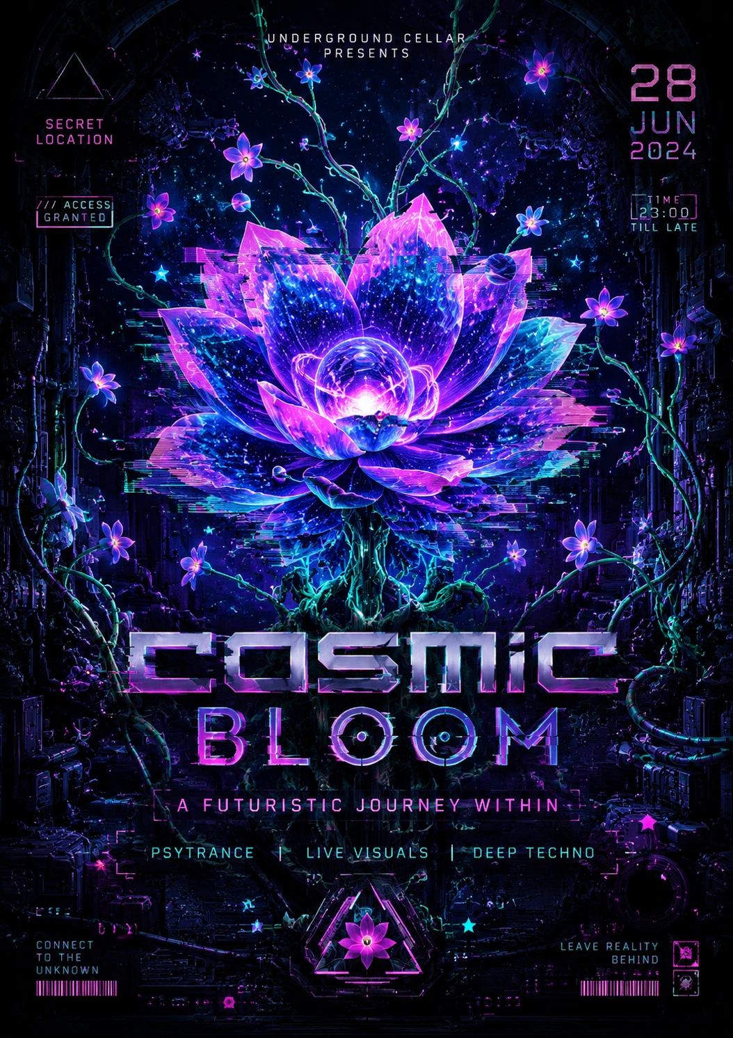 Neon-Kosmosblume, die in einem dunklen Sci-Fi-Keller leuchtet