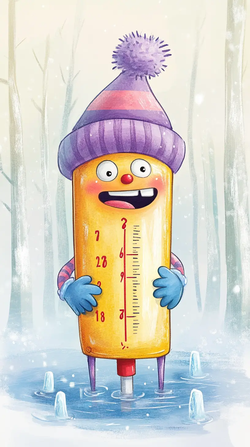 Cartoon thermometer shivering in a frozen birch forest