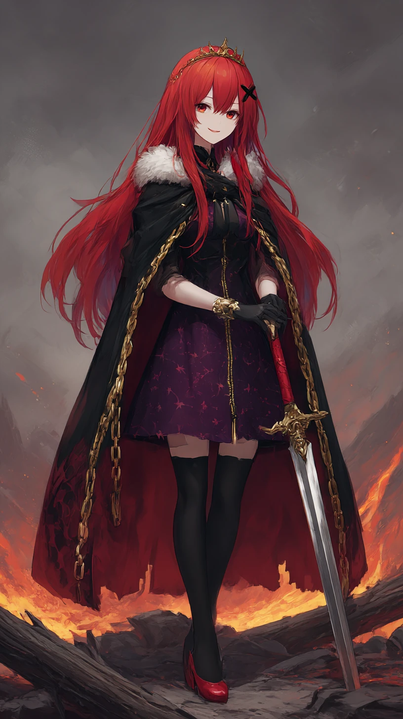 Garota de anime de cabelo carmesim com capa real ao pôr do sol