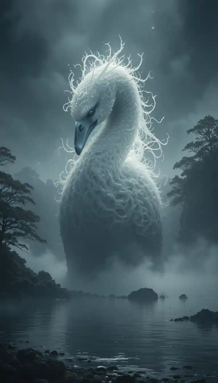 Cygne fantomatique s’élevant de la brume au-dessus d’un lac hanté