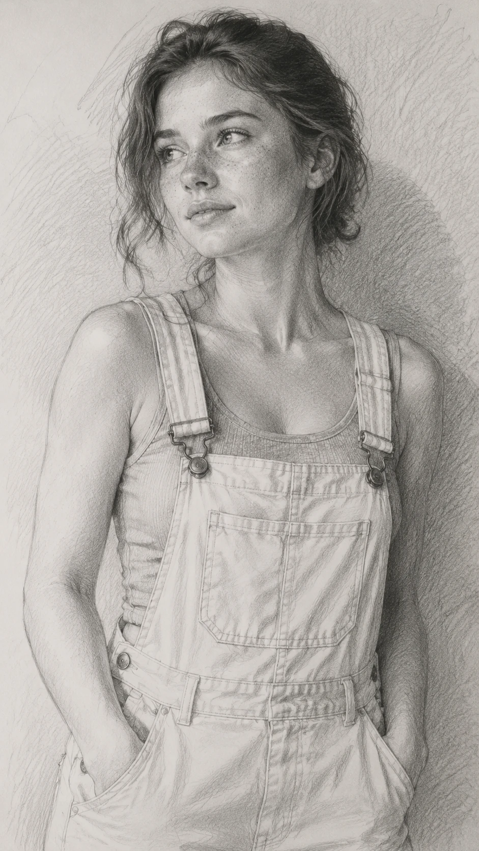 Graphite portrait of a young woman in yellow overalls