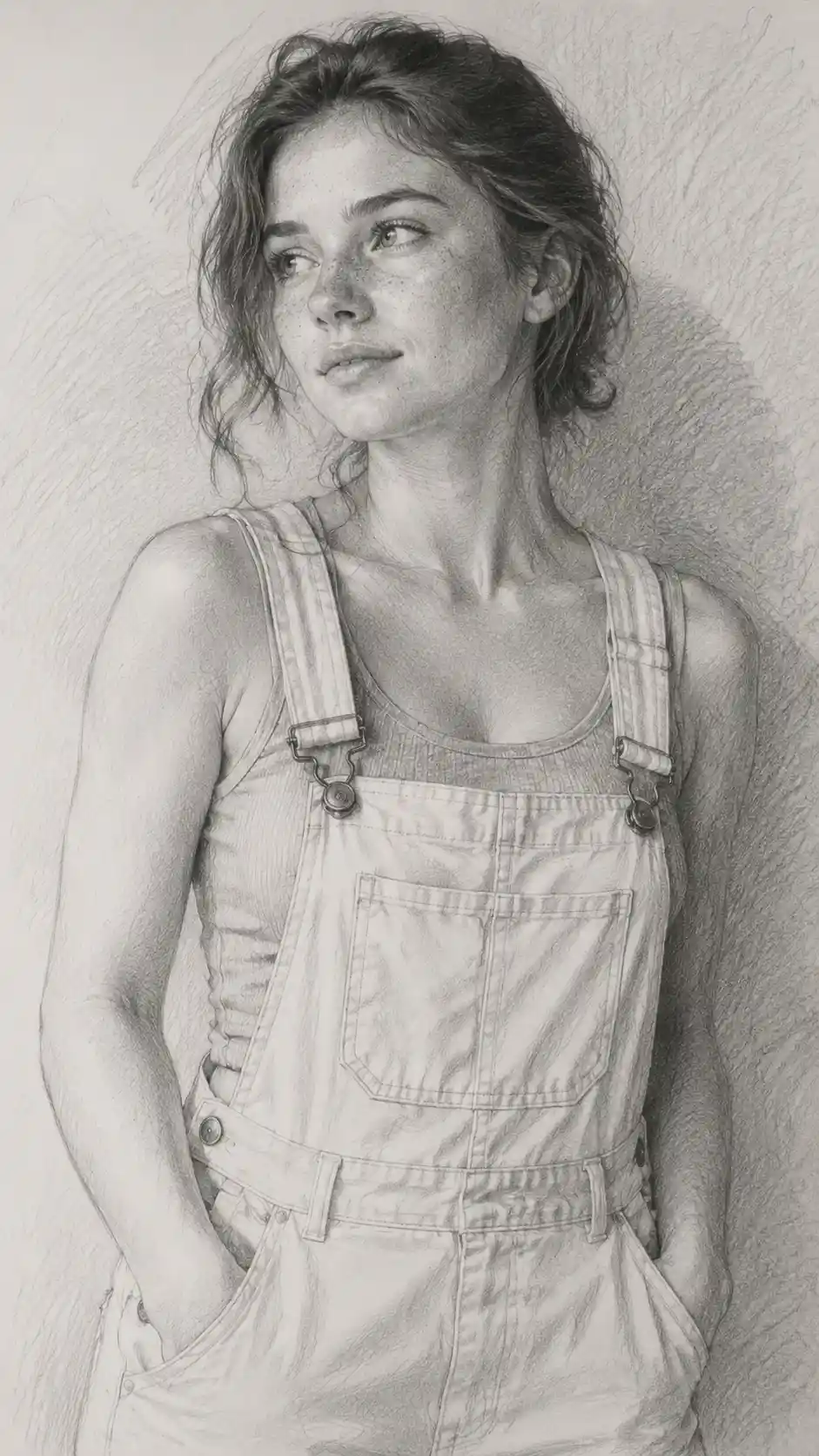 Graphite portrait of a young woman in yellow overalls