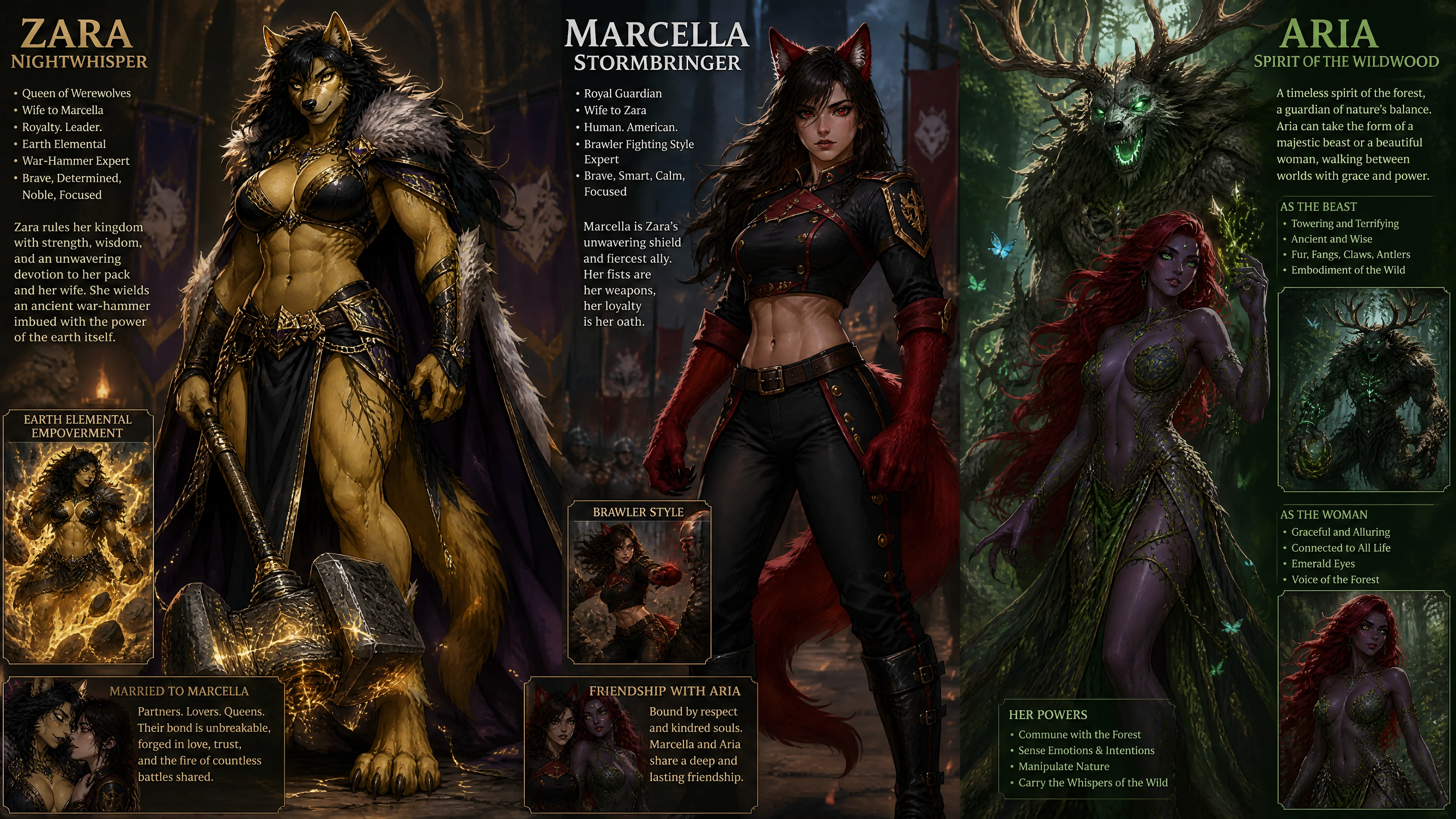 Yellow fur werewolf queen with war hammer in regal armor