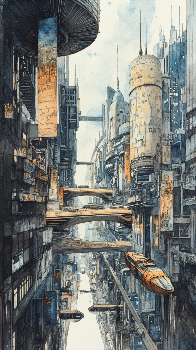 Cidade Ferroviária Futurista em Ilustração em Aquarela e Lápis