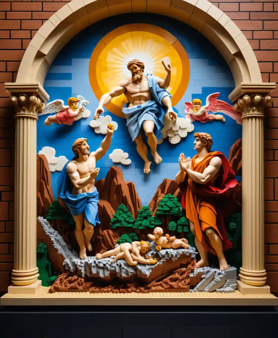 Recriação em Lego da cena icônica da criação com mãos divinas