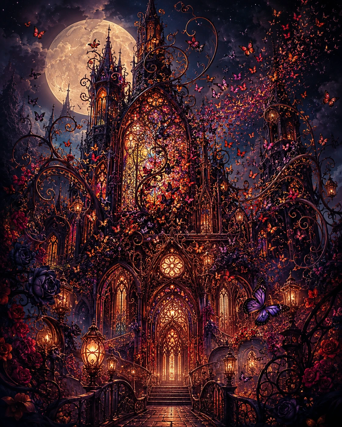 Catedral gótica de borboletas sob o luar luminoso