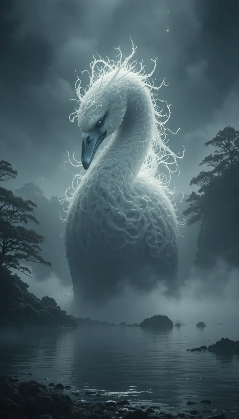 Ghostly swan rising from mist above a haunted lake