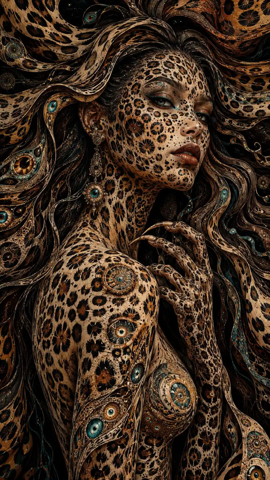 Mulher surreal com rosetas de leopardo sob a pele translúcida
