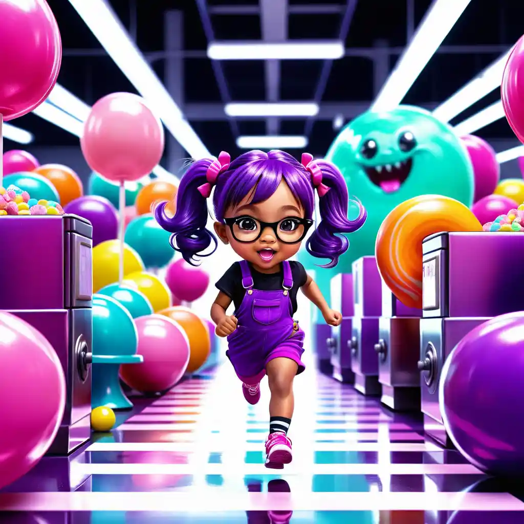 Chibi girl running through a whimsical candy factory chase