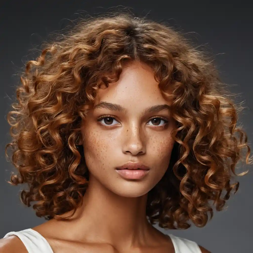 Retrato em close de uma mulher de pele bronzeada com sardas