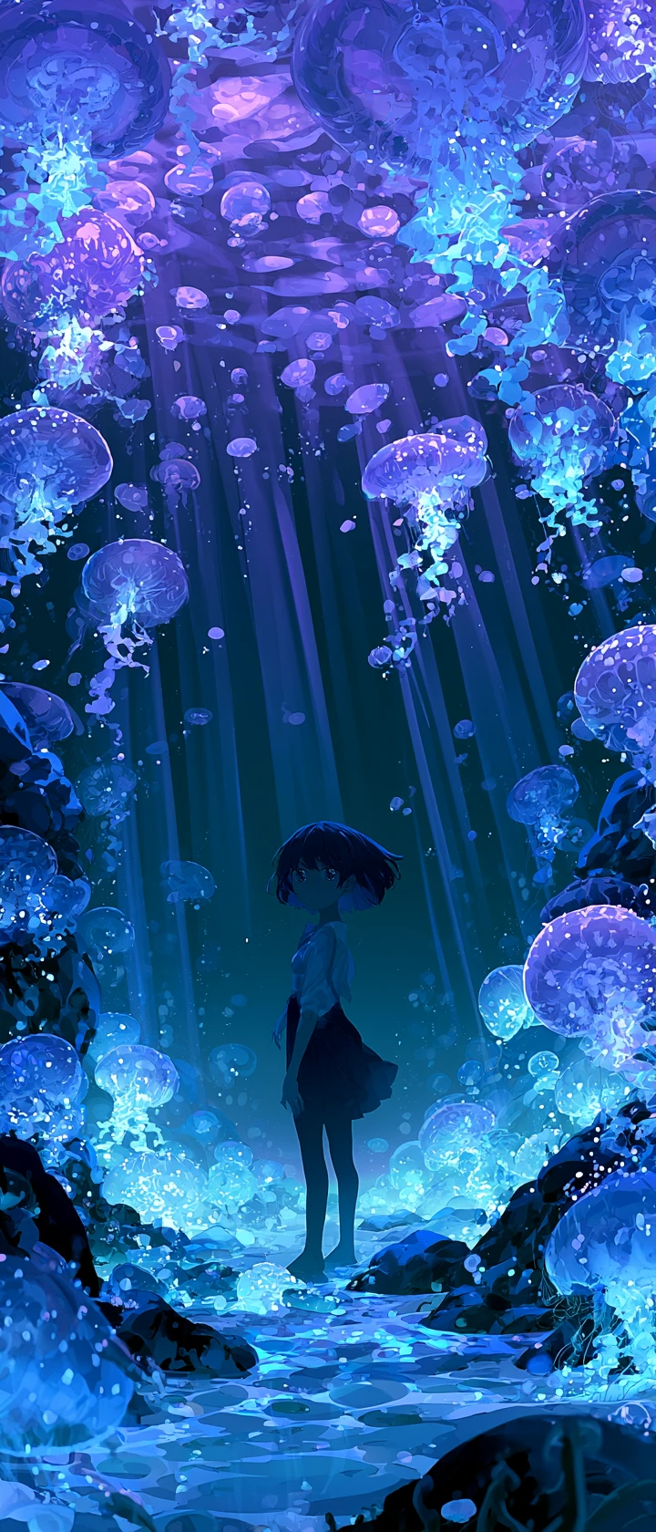 Figura anime acquatica con creature marine bioluminescenti luminose