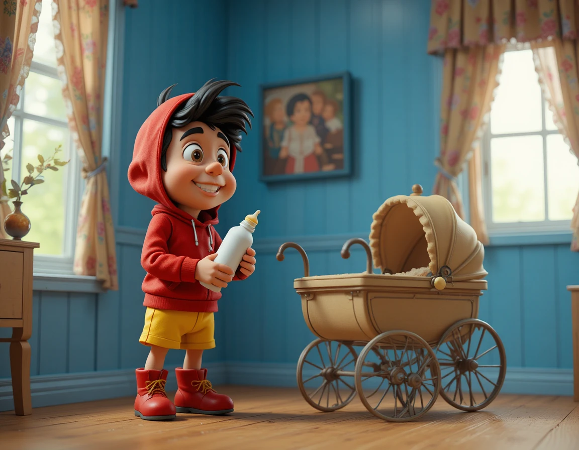 Clay cartoon boy with baby bottle beside vintage carriage